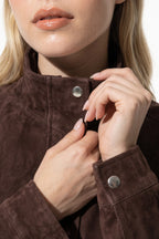 Women’s Winter Brown Suede Jacket with Cropped Fit and Stand Collar