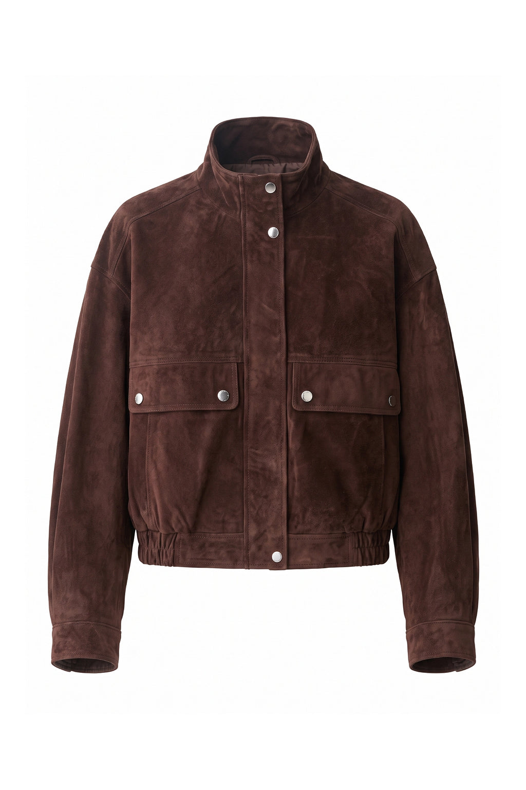 Women’s Winter Brown Suede Jacket with Cropped Fit and Stand Collar