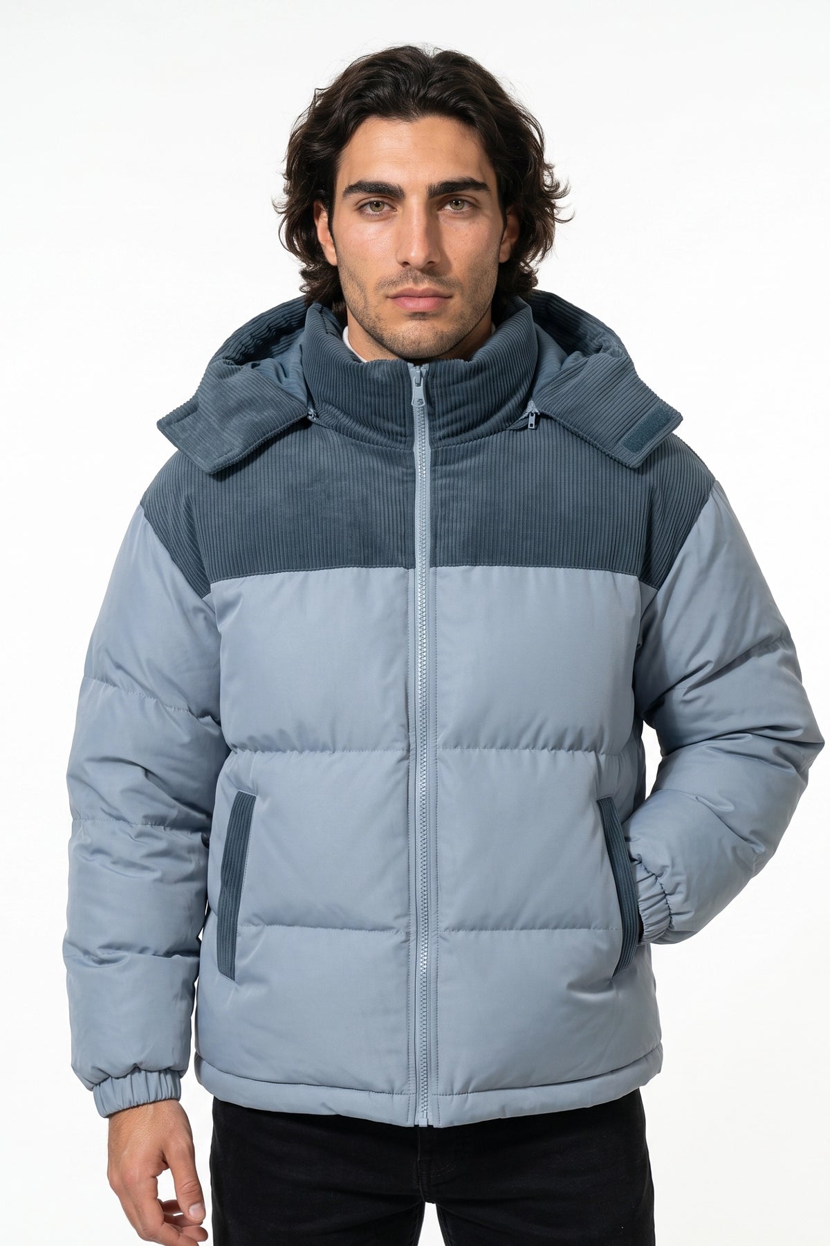 Men’s Winter Warm Hooded Puffer Jacket with Corduroy Yoke