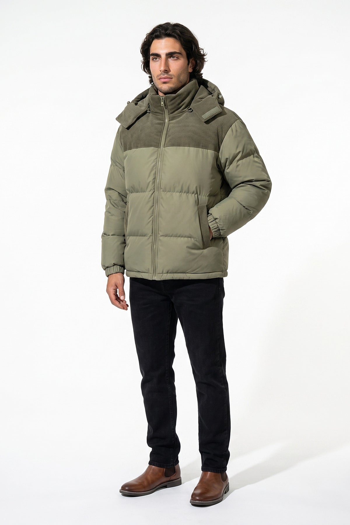 Men’s Winter Warm Hooded Puffer Jacket with Corduroy Yoke