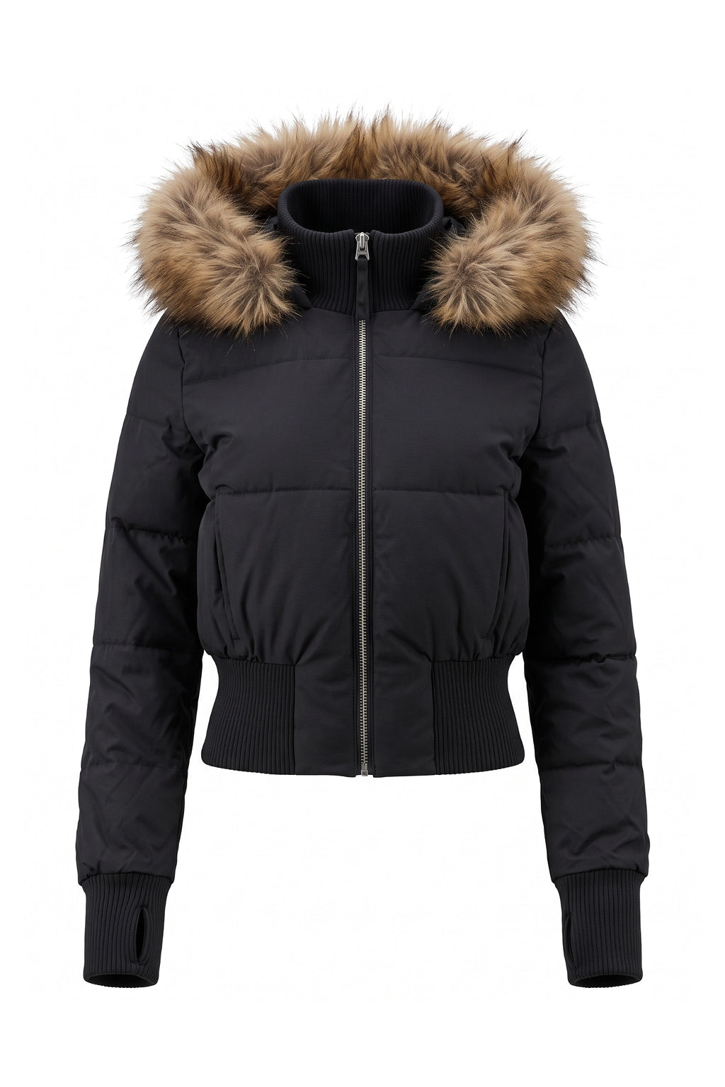 Women’s Winter Warm Cropped Puffer Jacket with Fur Trim Hood