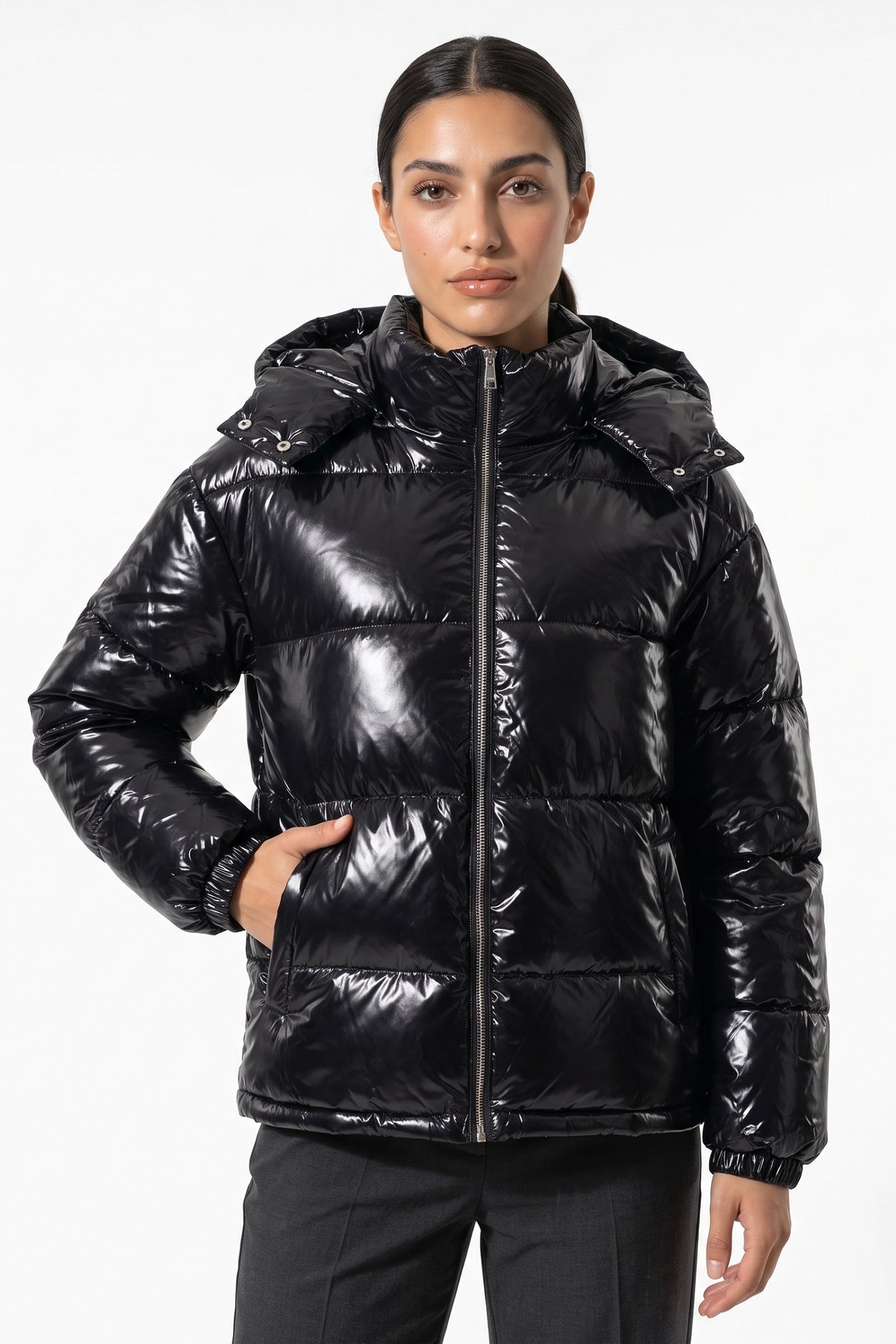 Women's Winter Warm Glossy Puffer Jacket with Hood