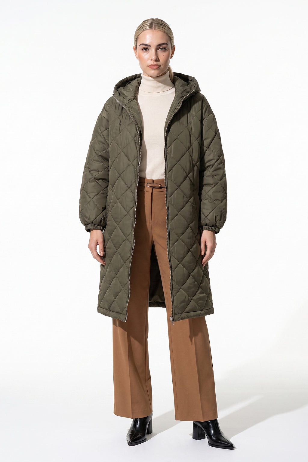 Women's Winter Warm Long Diamond Quilted Hooded Puffer Coat