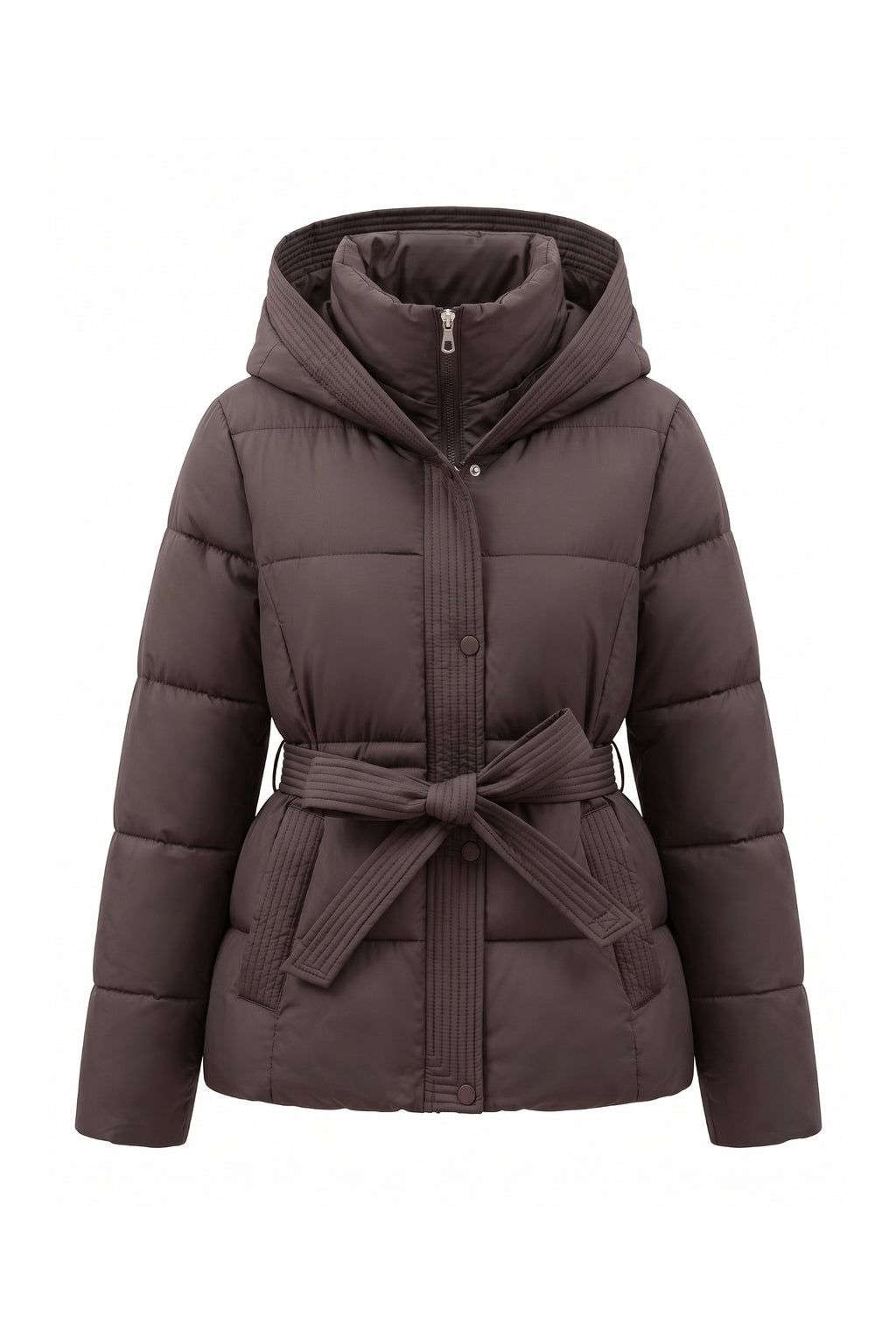 Women's Winter Warm Hooded Puffer Jacket with Belted Waist