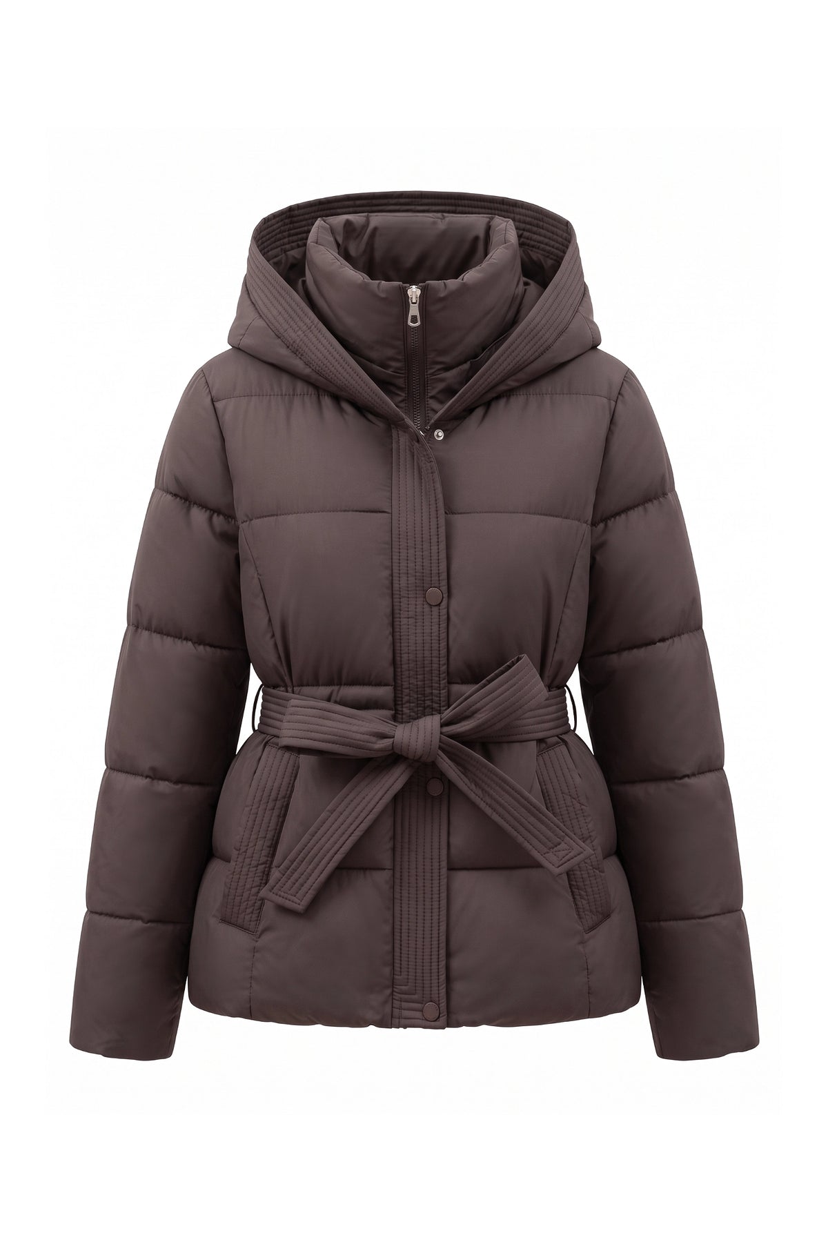 Women's Winter Warm Hooded Puffer Jacket with Belted Waist
