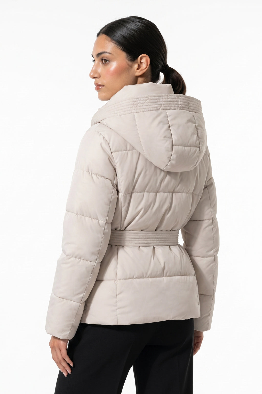 Women's Winter Warm Hooded Puffer Jacket with Belted Waist
