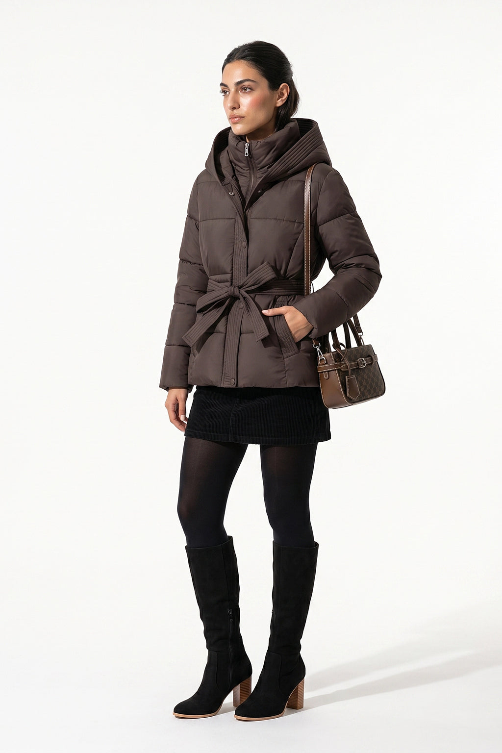 Women's Winter Warm Hooded Puffer Jacket with Belted Waist