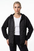 Women's Winter Warm Hooded Diamond Quilted Jacket with Soft Knit Sleeves