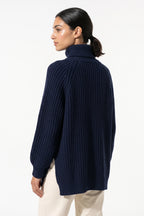 Women's Winter Warm Knitted Jumper with Roll Neck and Side Splits