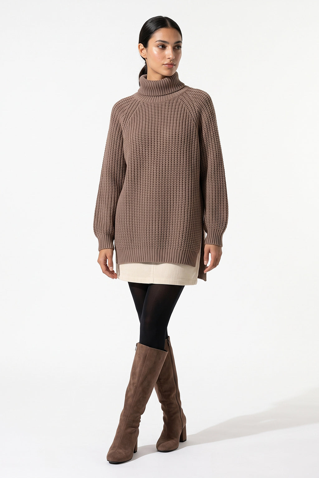 Women's Winter Warm Knitted Jumper with Roll Neck and Side Splits