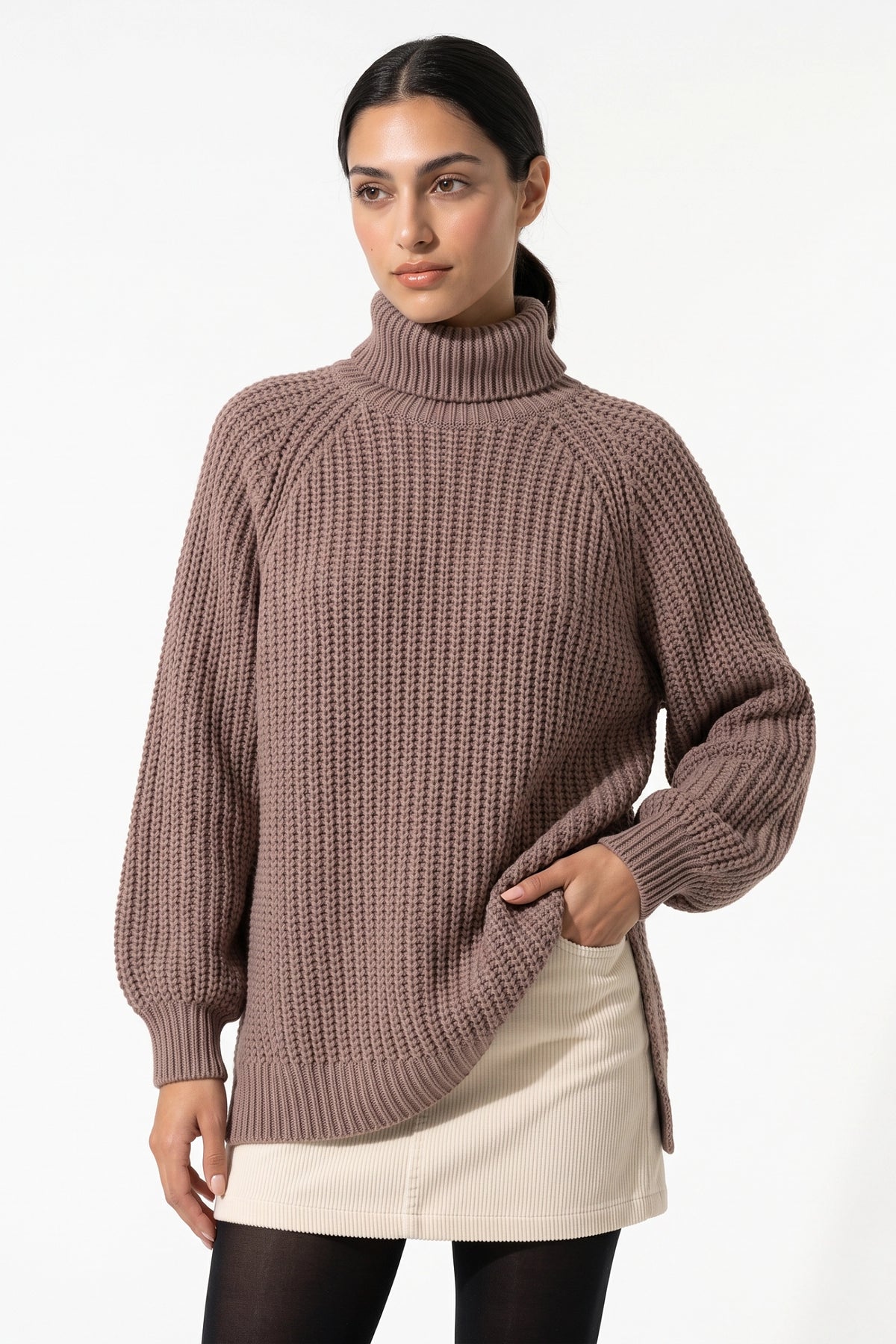 Women's Winter Warm Knitted Jumper with Roll Neck and Side Splits
