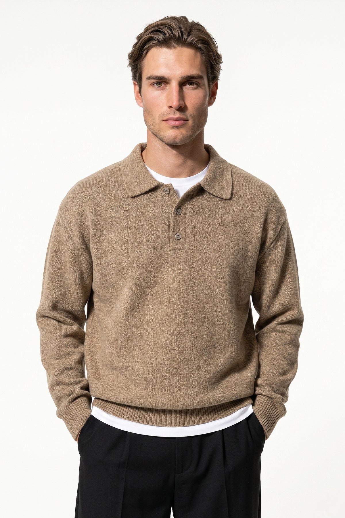 Men’s Winter Comfortable Knitted Polo Jumper with Long Sleeves