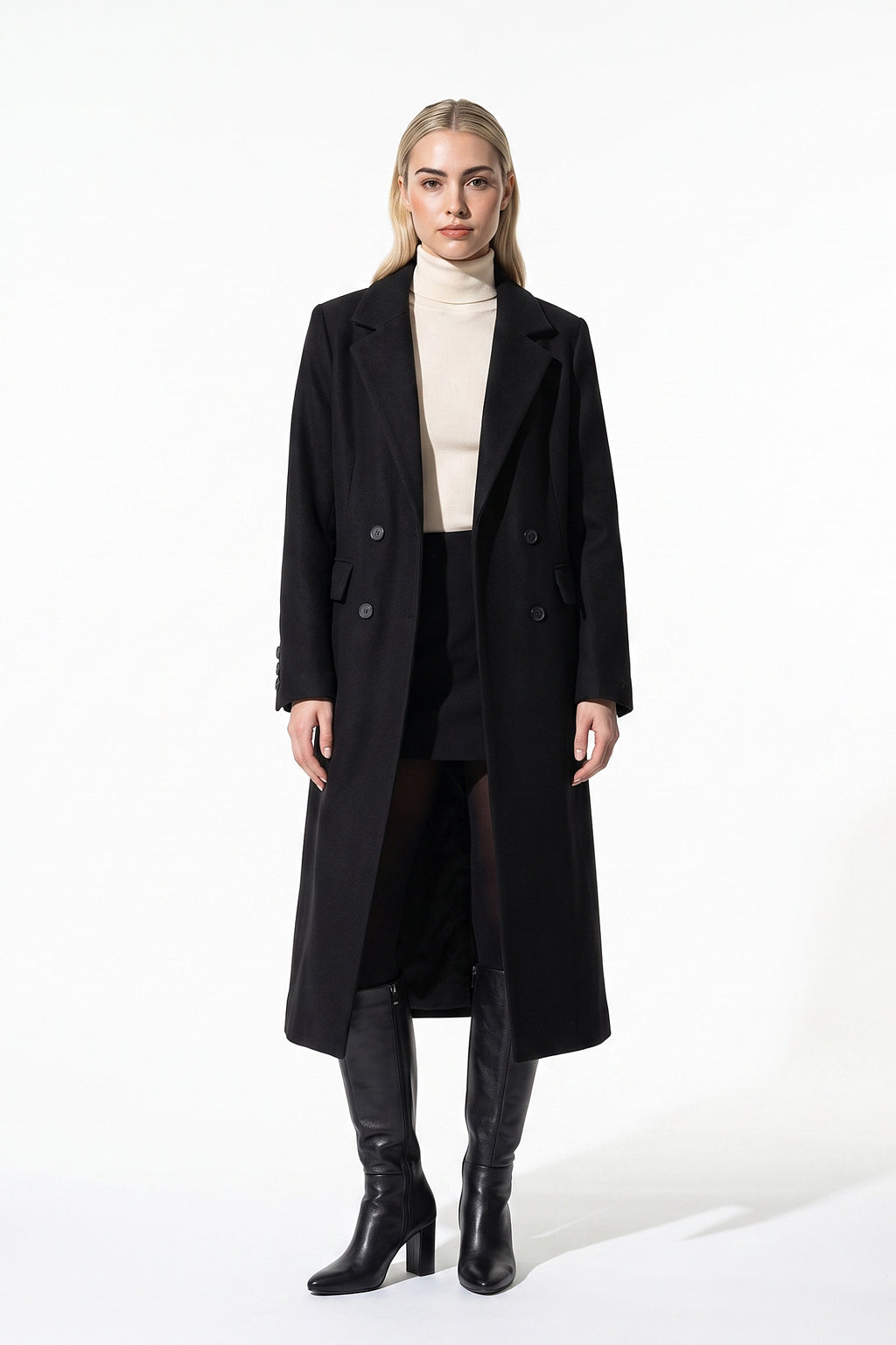 Women’s Winter Warm Long Coat with Double Breasted Front and Notched Lapel