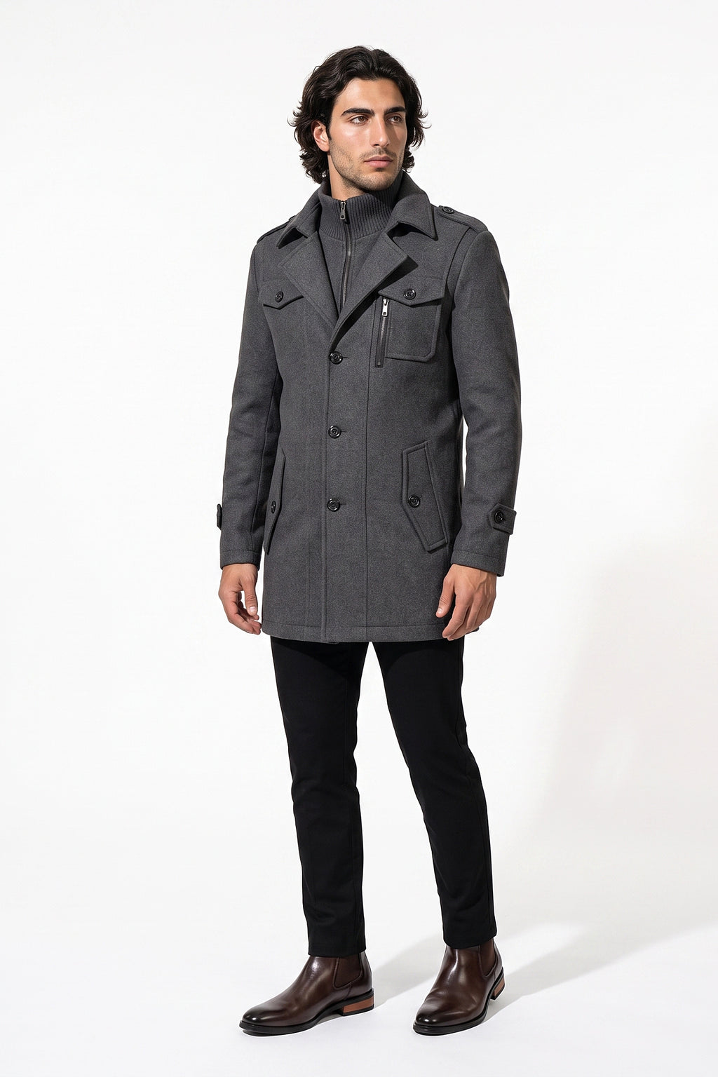 Men’s Winter Warm Mid Length Wool Coat with Layered Zip Front and Stand Collar