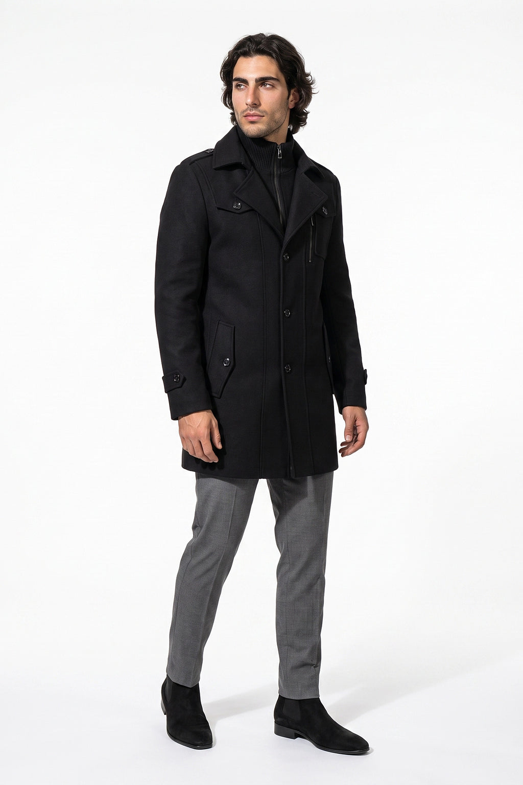Men’s Winter Warm Mid Length Wool Coat with Layered Zip Front and Stand Collar