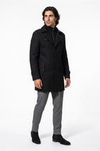 Men’s Winter Warm Mid Length Wool Coat with Layered Zip Front and Stand Collar