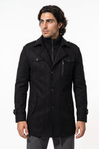 Men’s Winter Warm Mid Length Wool Coat with Layered Zip Front and Stand Collar
