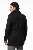 Men’s Winter Warm Mid Length Wool Coat with Layered Zip Front and Stand Collar