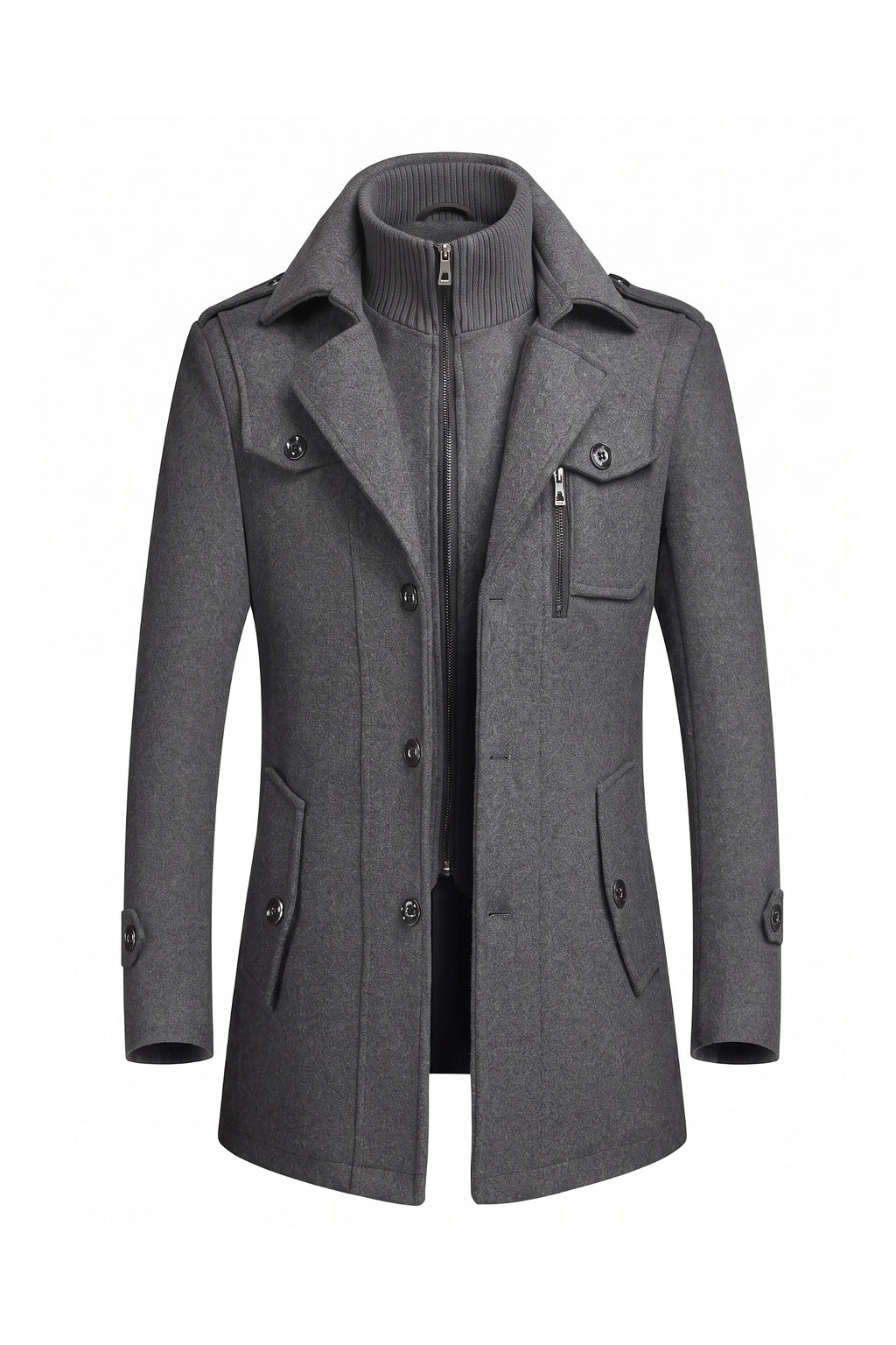 Men’s Winter Warm Mid Length Wool Coat with Layered Zip Front and Stand Collar