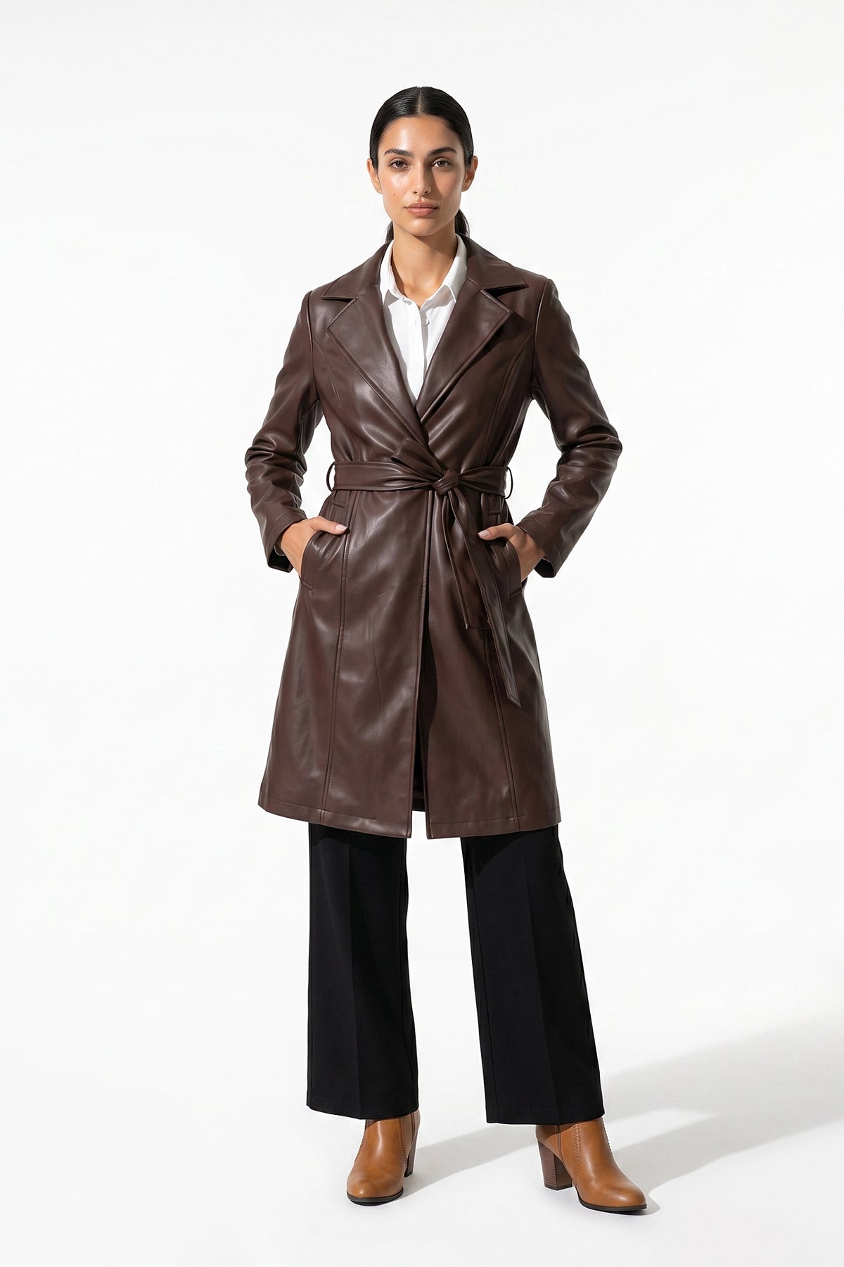 Women’s Winter Warm Leather Coat with Belted Waist
