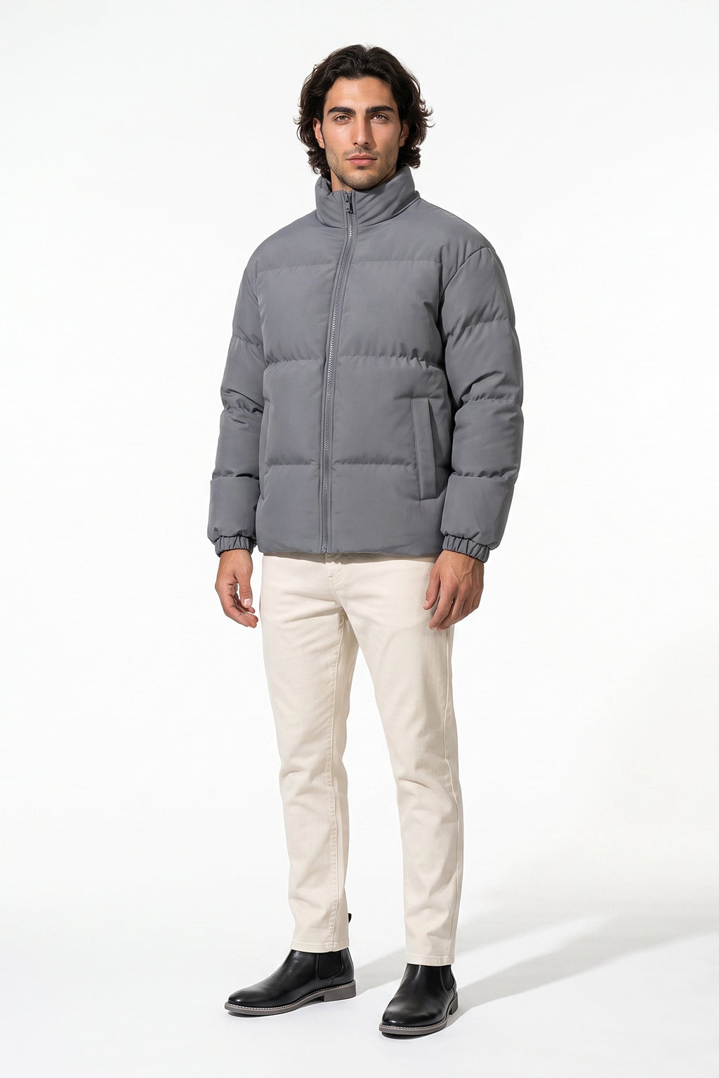 Men's Winter Warm Fleece Lined Puffer Jacket with Stand Collar