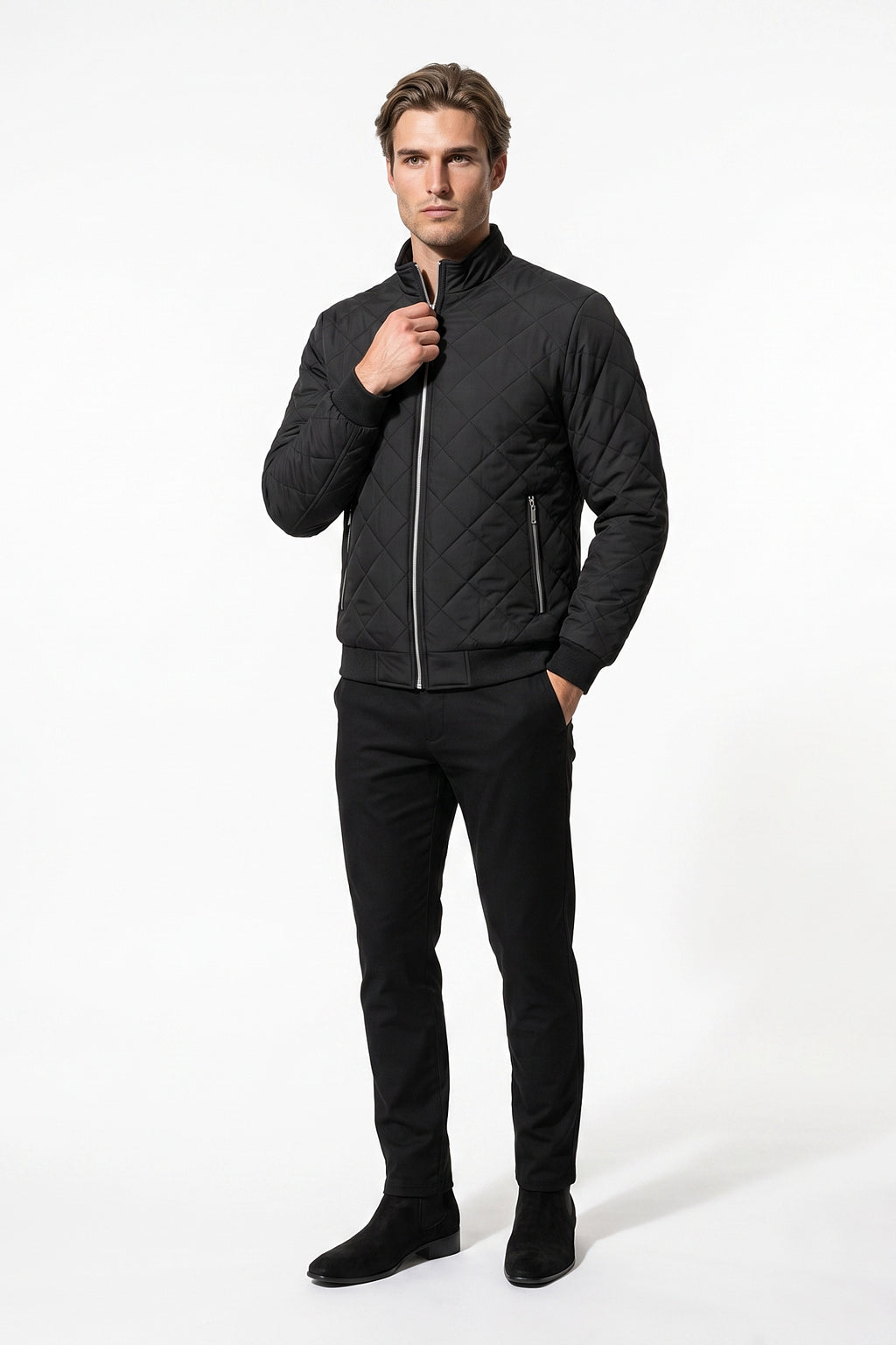 Men's Winter Warm Fleece Lined Quilted Jacket with Stand Collar