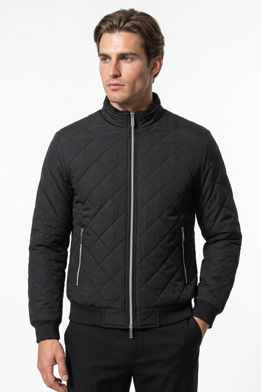 Men's Winter Warm Fleece Lined Quilted Jacket with Stand Collar