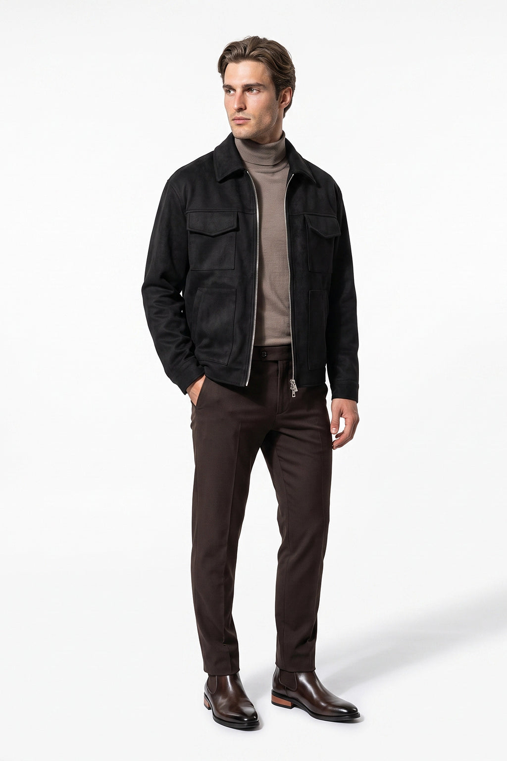 Men’s Winter Comfortable Suede Jacket with Relaxed Fit Zip Up