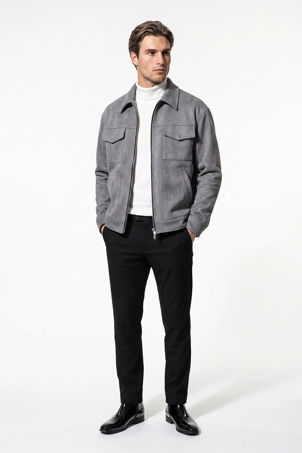 Men’s Winter Comfortable Suede Jacket with Relaxed Fit Zip Up