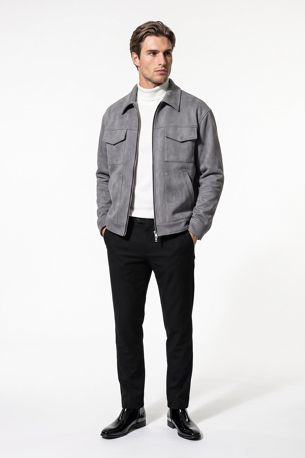 Men’s Winter Comfortable Suede Jacket with Relaxed Fit Zip Up