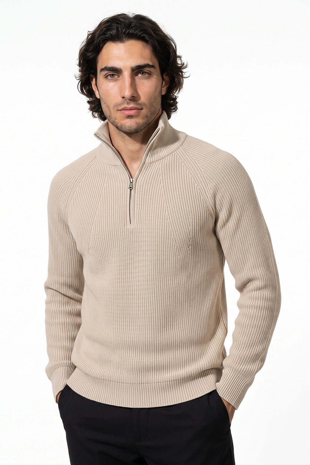 Men's Winter Rib Knit Quarter Zip Jumper with Stand Collar