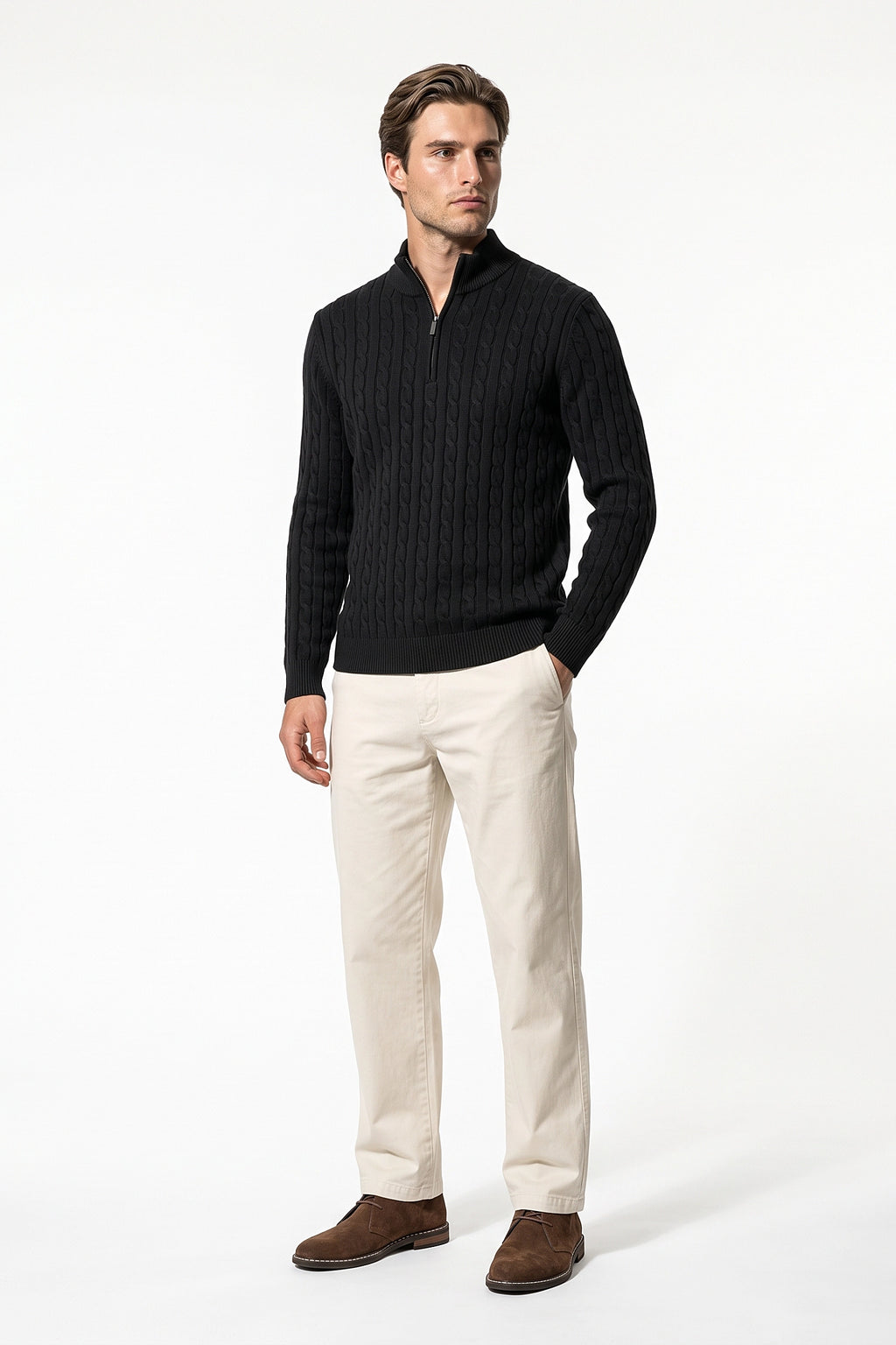Men’s Winter Warm Quarter Zip Cable Knitted Jumper