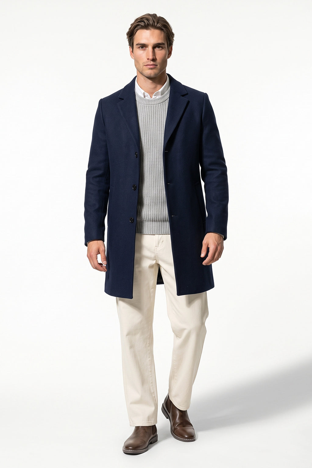Men’s Winter Warm Longline Overcoat Single Breasted Notched Lapel