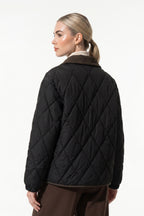 Women's Diamond Quilted Puffer Jacket with Corduroy Collar