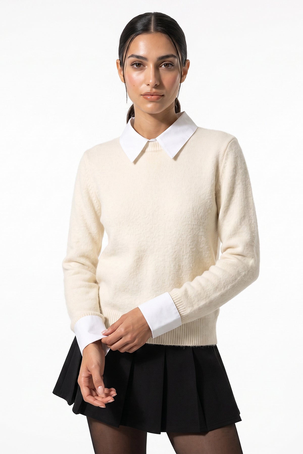 Women's Winter Warm Crew Neck Jumper with Layered Collar