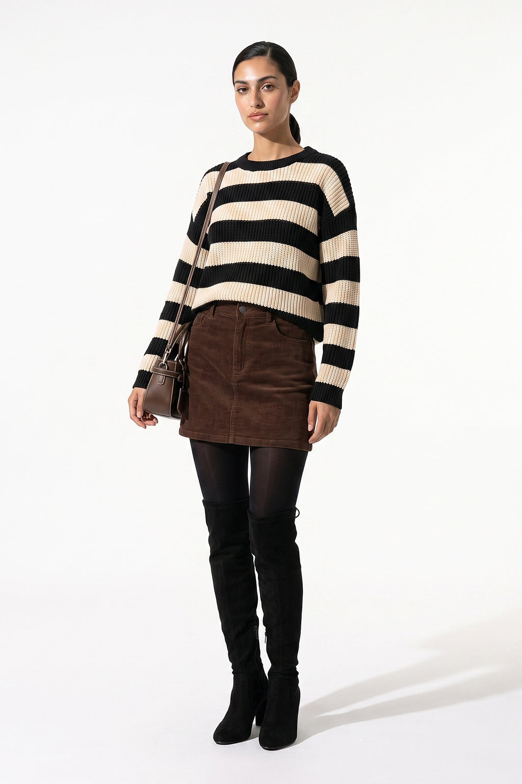 Women’s Winter Versatile Crew Neck Striped Knit Jumper with Oversized Fit