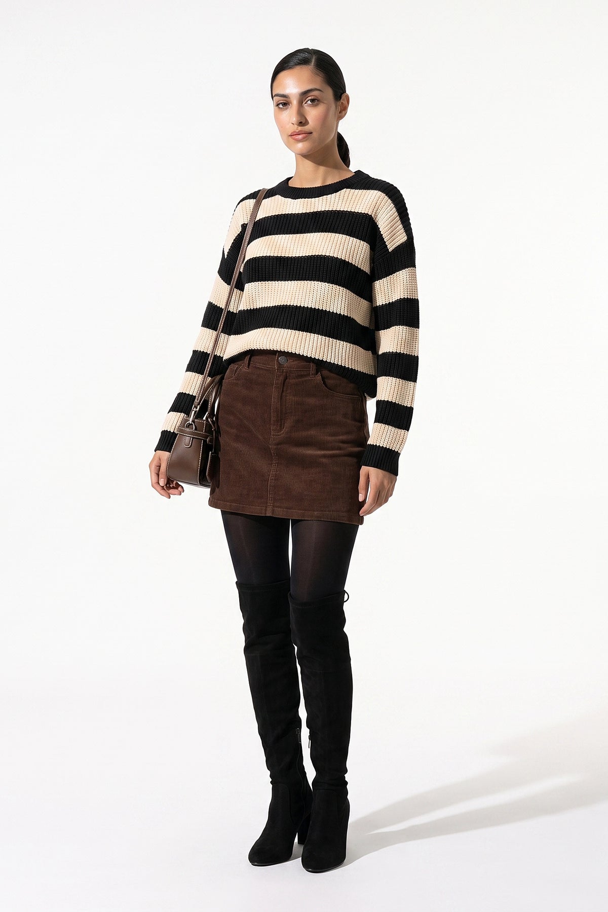 Women’s Winter Versatile Crew Neck Striped Knit Jumper with Oversized Fit