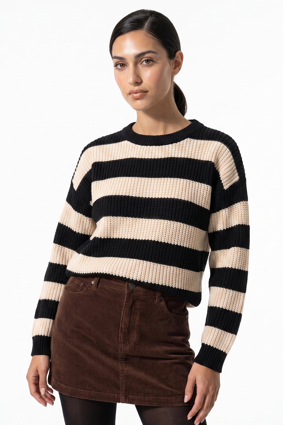 Women’s Winter Versatile Crew Neck Striped Knit Jumper with Oversized Fit