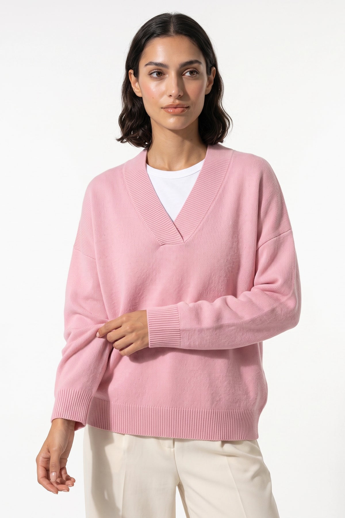 Women's Comfortable V Neck Knitted Jumper Relaxed Fit