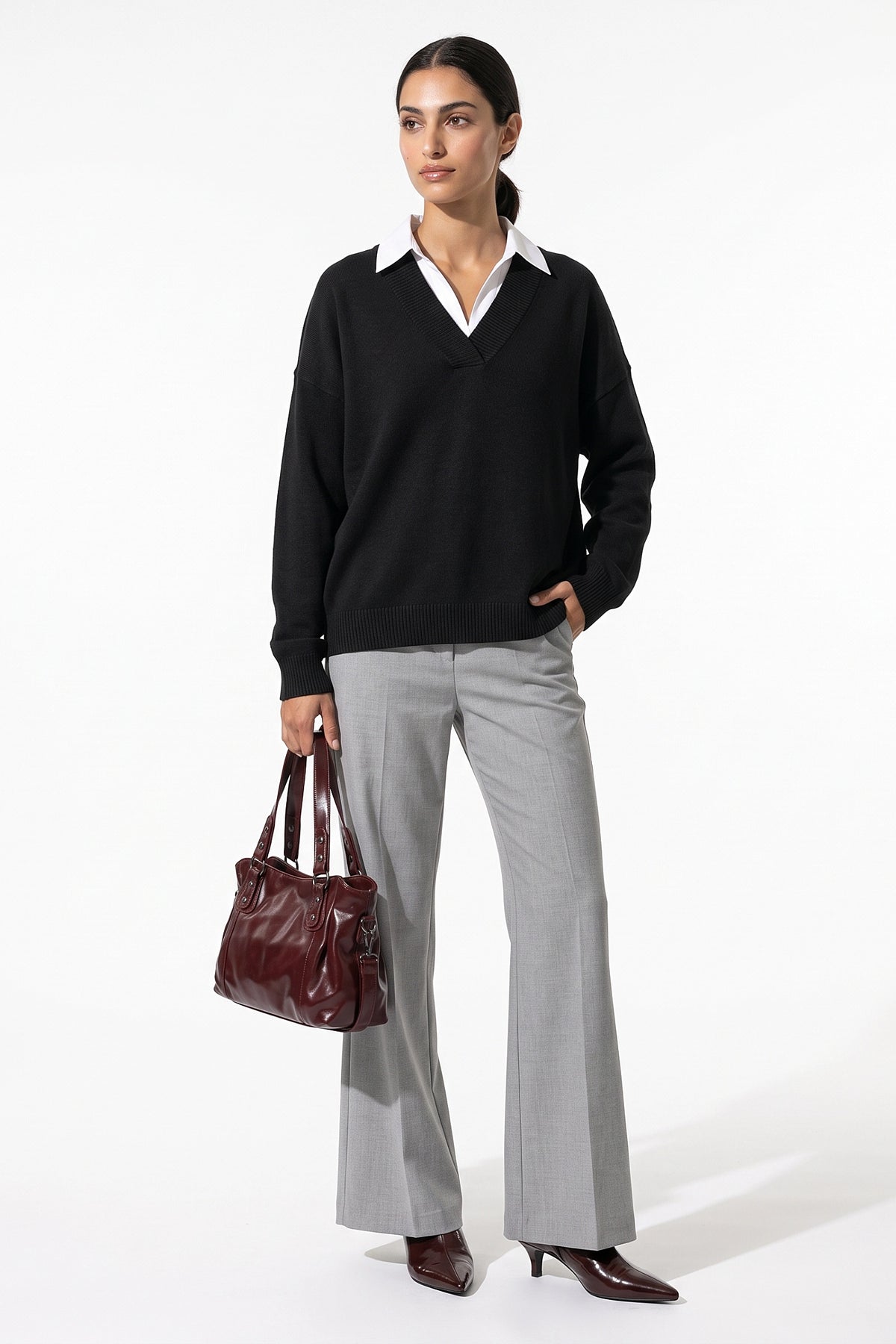 Women's Comfortable V Neck Knitted Jumper Relaxed Fit