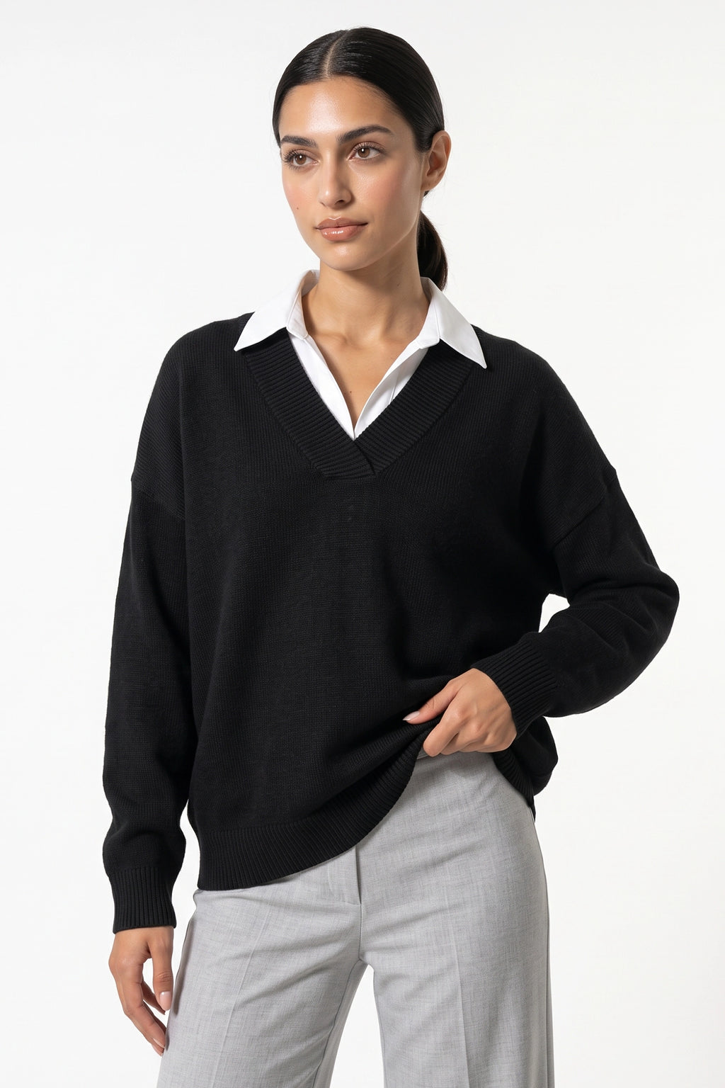 Women's Comfortable V Neck Knitted Jumper Relaxed Fit