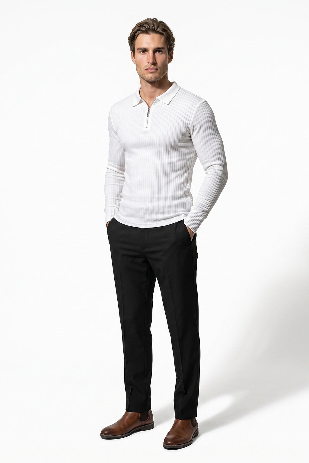 Men’s Winter Comfortable Quarter Zip Ribbed Knit Long Sleeve Polo
