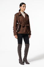 Women's Winter Short Cropped Trench Coat with Belted Waist