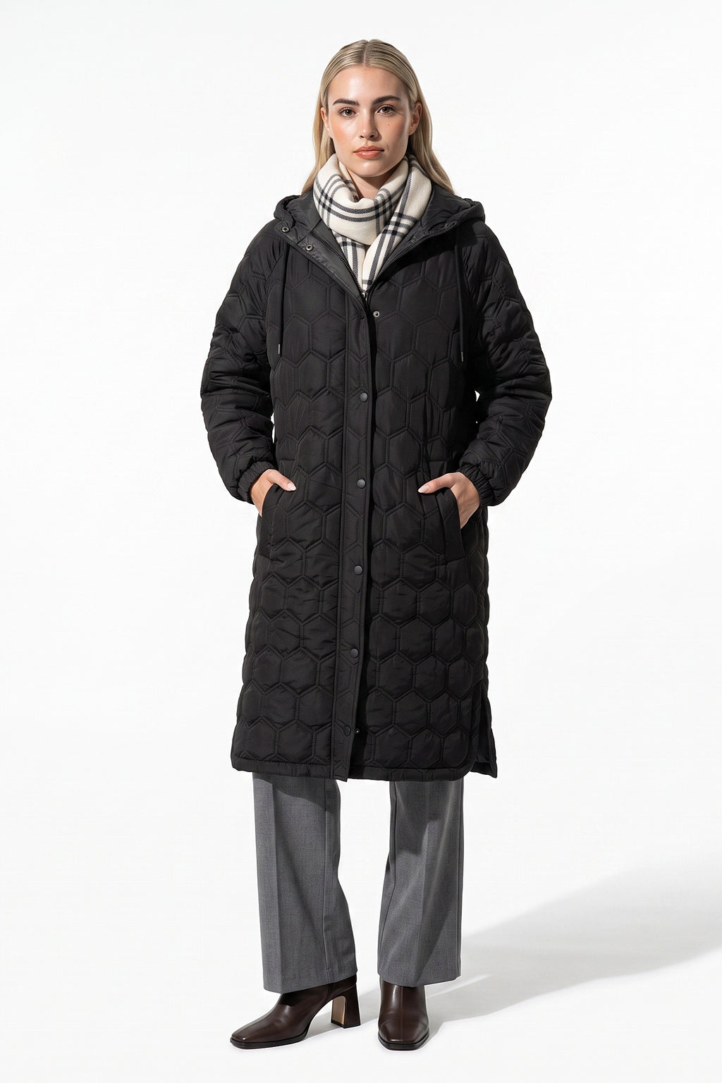 Women’s Winter Warm Longline Quilted Puffer Coat with Hood and Full Zip Front