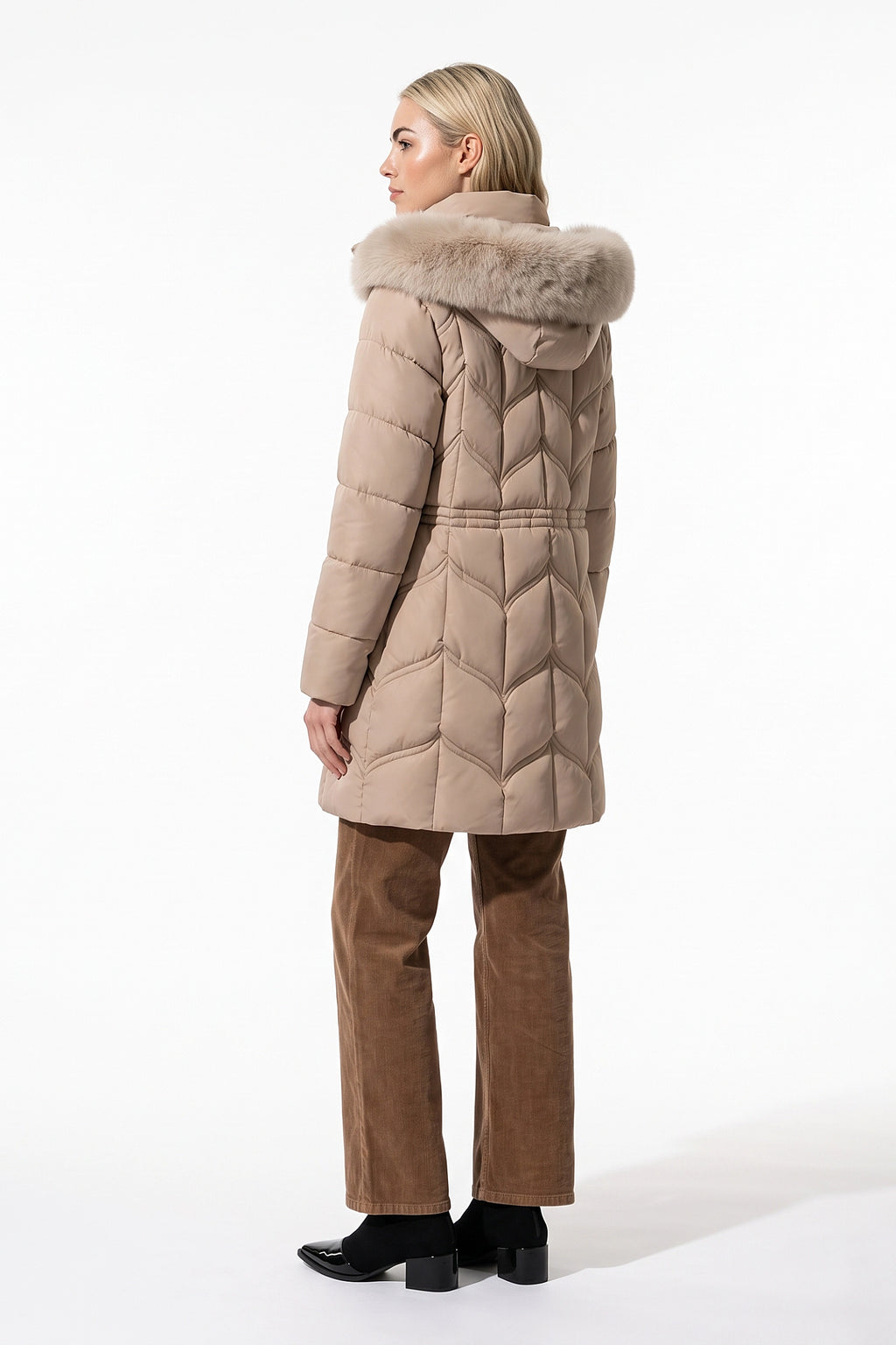 Women’s Winter Warm Longline Faux Fur Hood Puffer Coat with Adjustable Waist