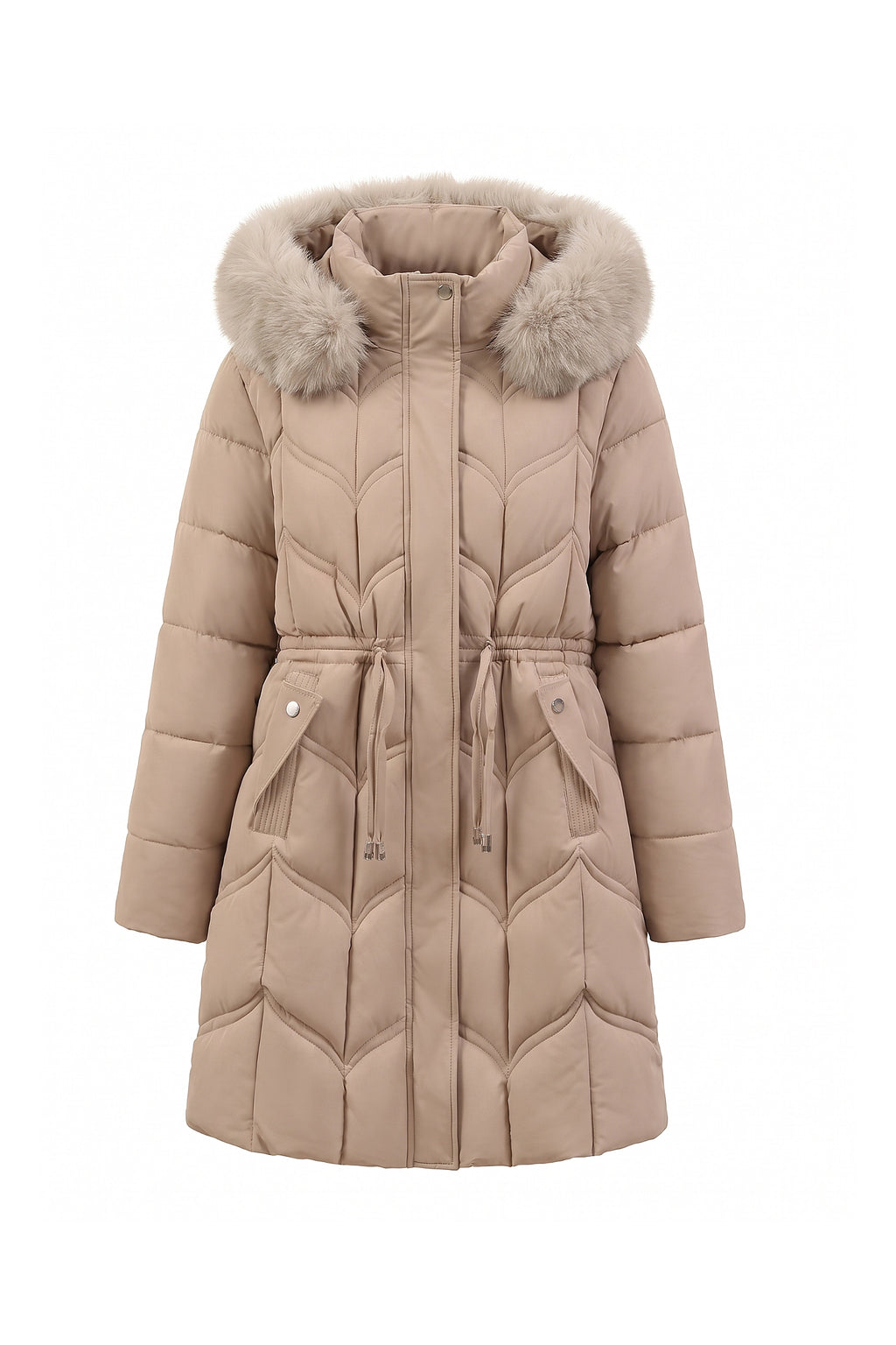 Women’s Winter Warm Longline Faux Fur Hood Puffer Coat with Adjustable Waist