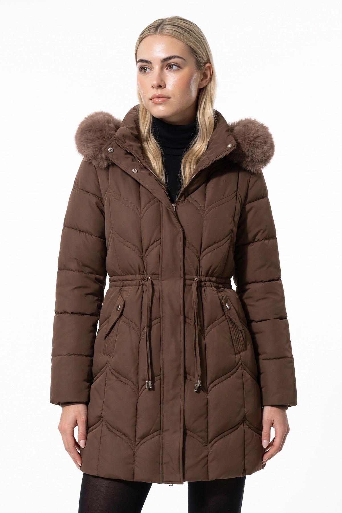 Women’s Winter Warm Longline Faux Fur Hood Puffer Coat with Adjustable Waist
