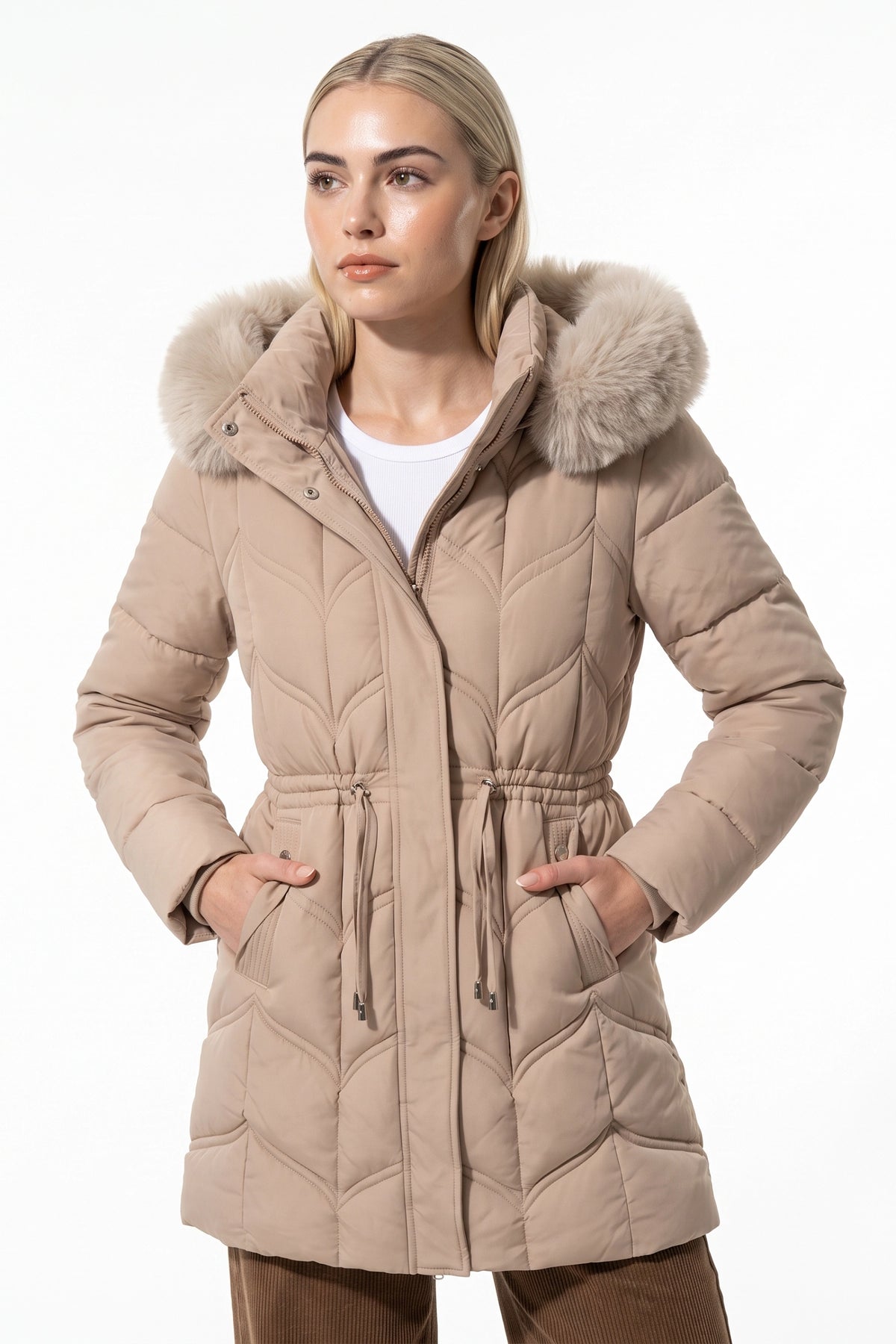 Women’s Winter Warm Longline Faux Fur Hood Puffer Coat with Adjustable Waist