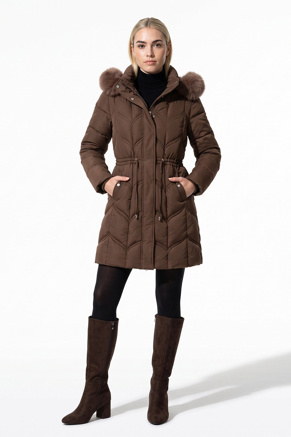 Women’s Winter Warm Longline Faux Fur Hood Puffer Coat with Adjustable Waist
