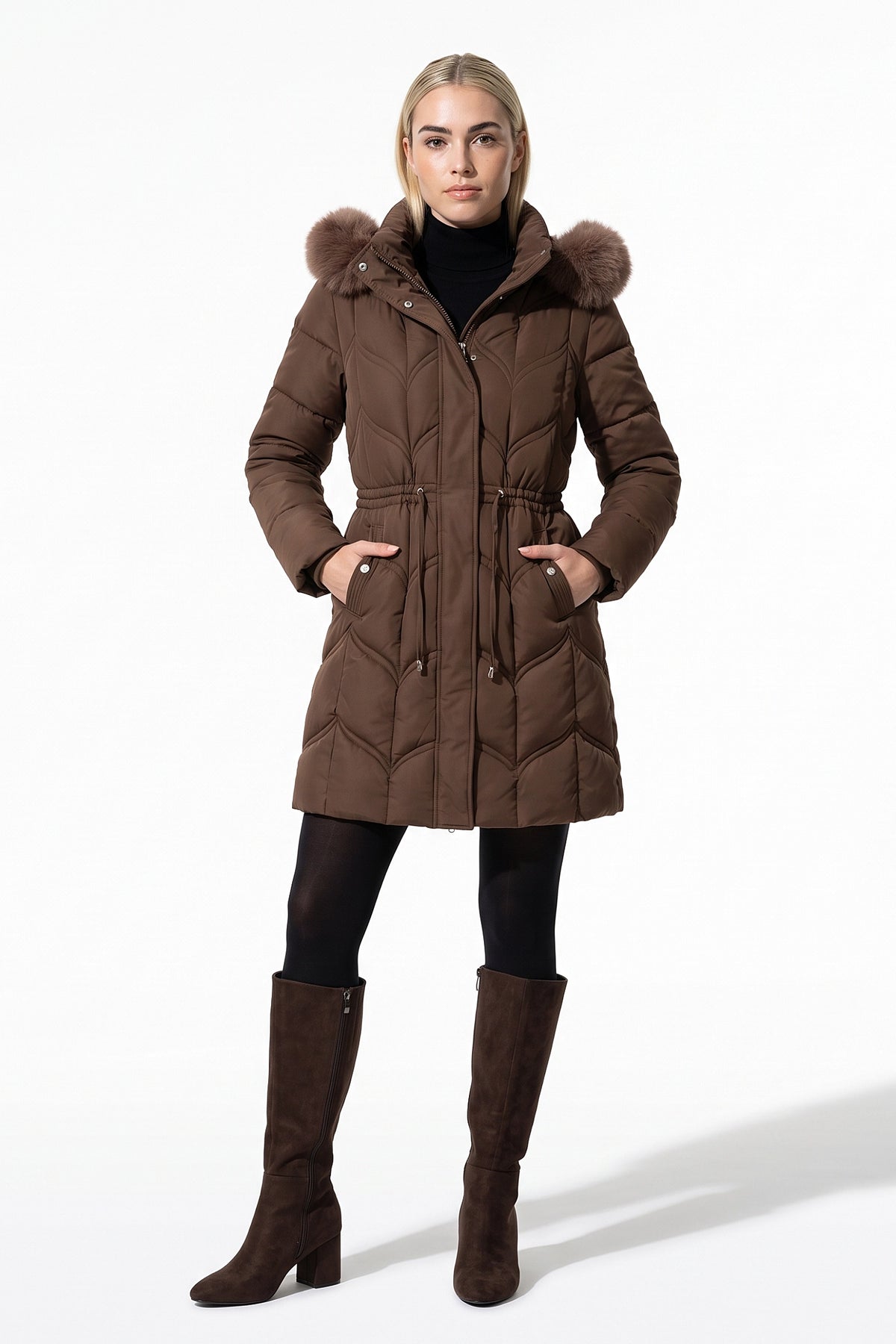 Women’s Winter Warm Longline Faux Fur Hood Puffer Coat with Adjustable Waist